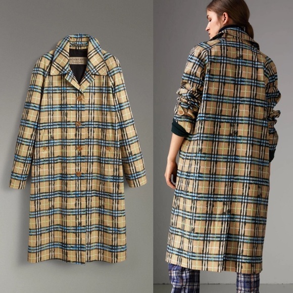 Burberry Calderbrook Scribble Printed Nova Check Long Car Coat Trench - Picture 2 of 13